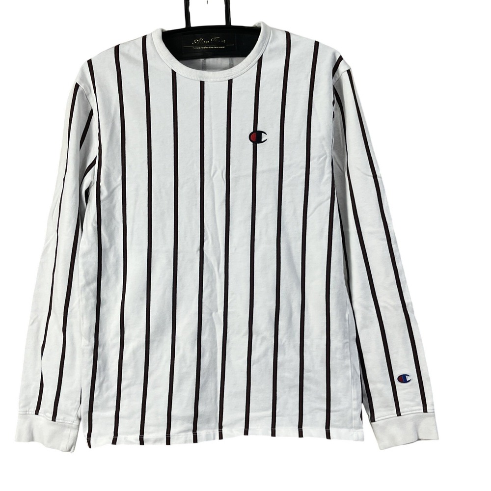 Champion T-Shirt Mens M White Vertical Stripe Long Sleeve Embroidered Logo Retro